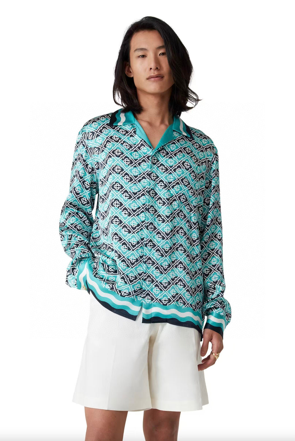 Casa B Exclusive MONOGRAM WAVE LONG SLEEVE SILK SHIRT