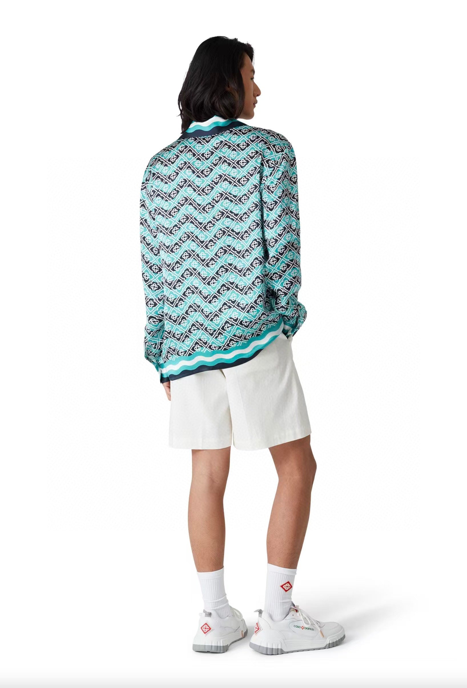 Casa B Exclusive MONOGRAM WAVE LONG SLEEVE SILK SHIRT