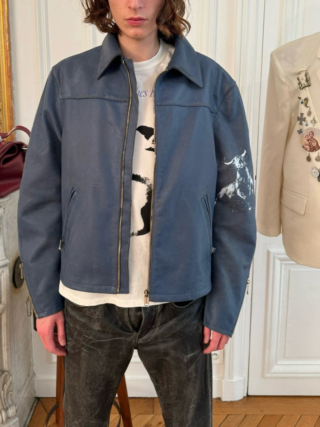 VESTE ERD CUIR BLEU MOTO ESPAGNOLE