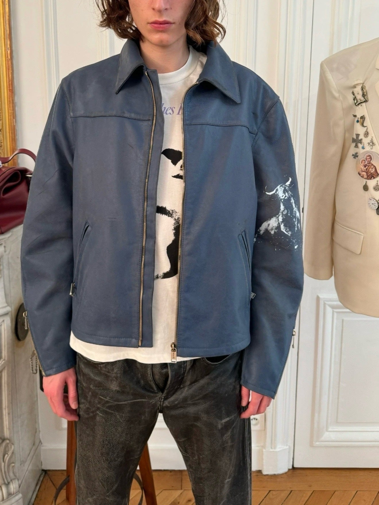 VESTE ERD CUIR BLEU MOTO ESPAGNOLE